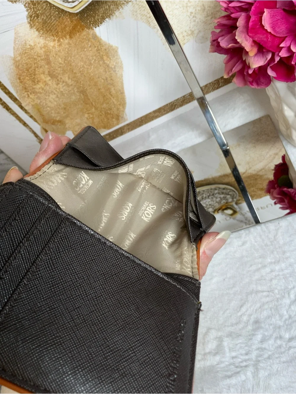 Michael Kors Brown MK Logo Snap Zip Passport Wallet